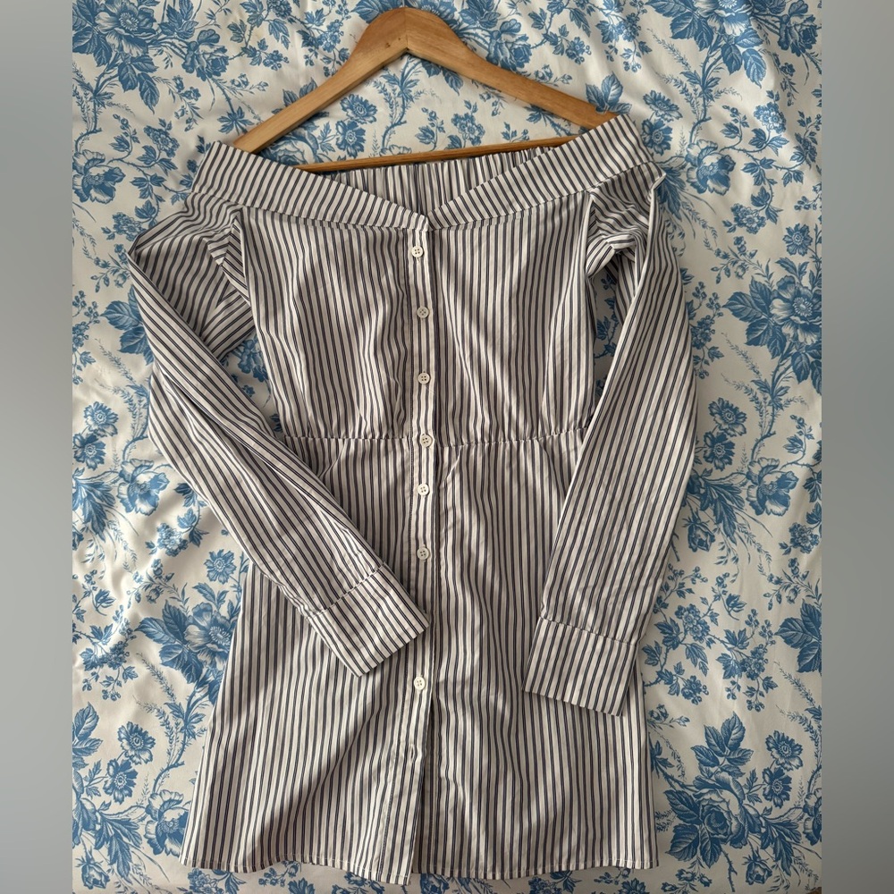 Reformation Blue and White Striped Button-Down off the shoulder Mini Dress